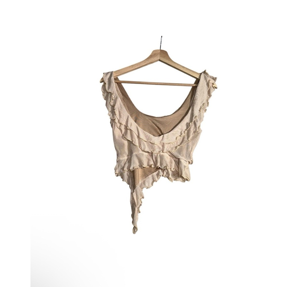 Womens Crop Tops Sz Small Tan Mesh Ruffle Hem Asymmetrical Sleeveless Backless